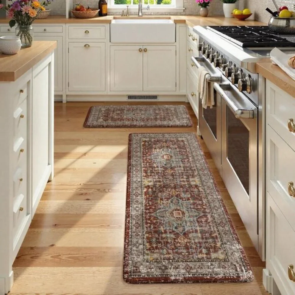 New Set of 2 Vintage Red Kitchen Rug, Anti-Fatigue, Non-Slip, Waterproof Mats